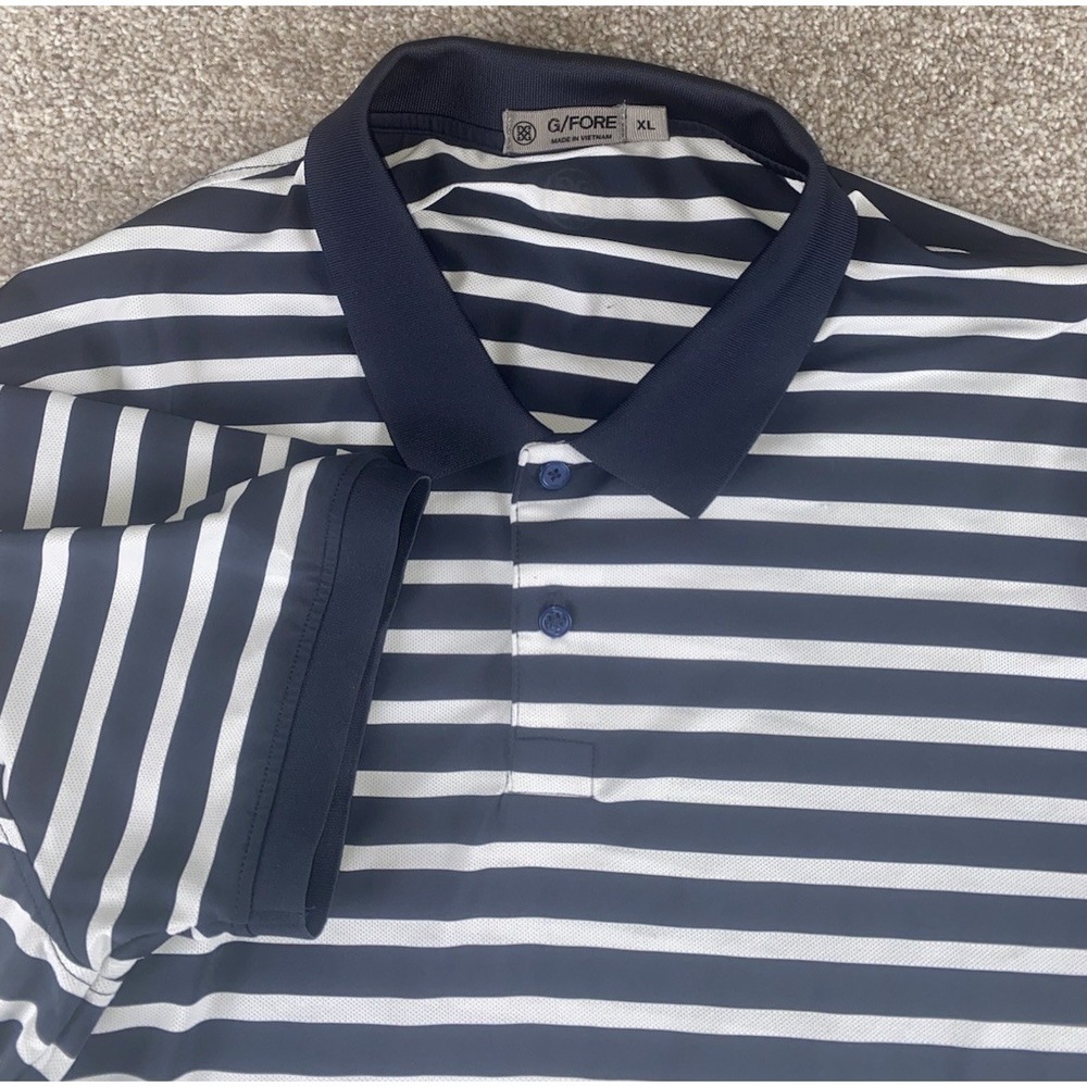 G Fore Golf Polo Mens XL Blue Striped Carpe Diem Logo Wicking Preppy Performance